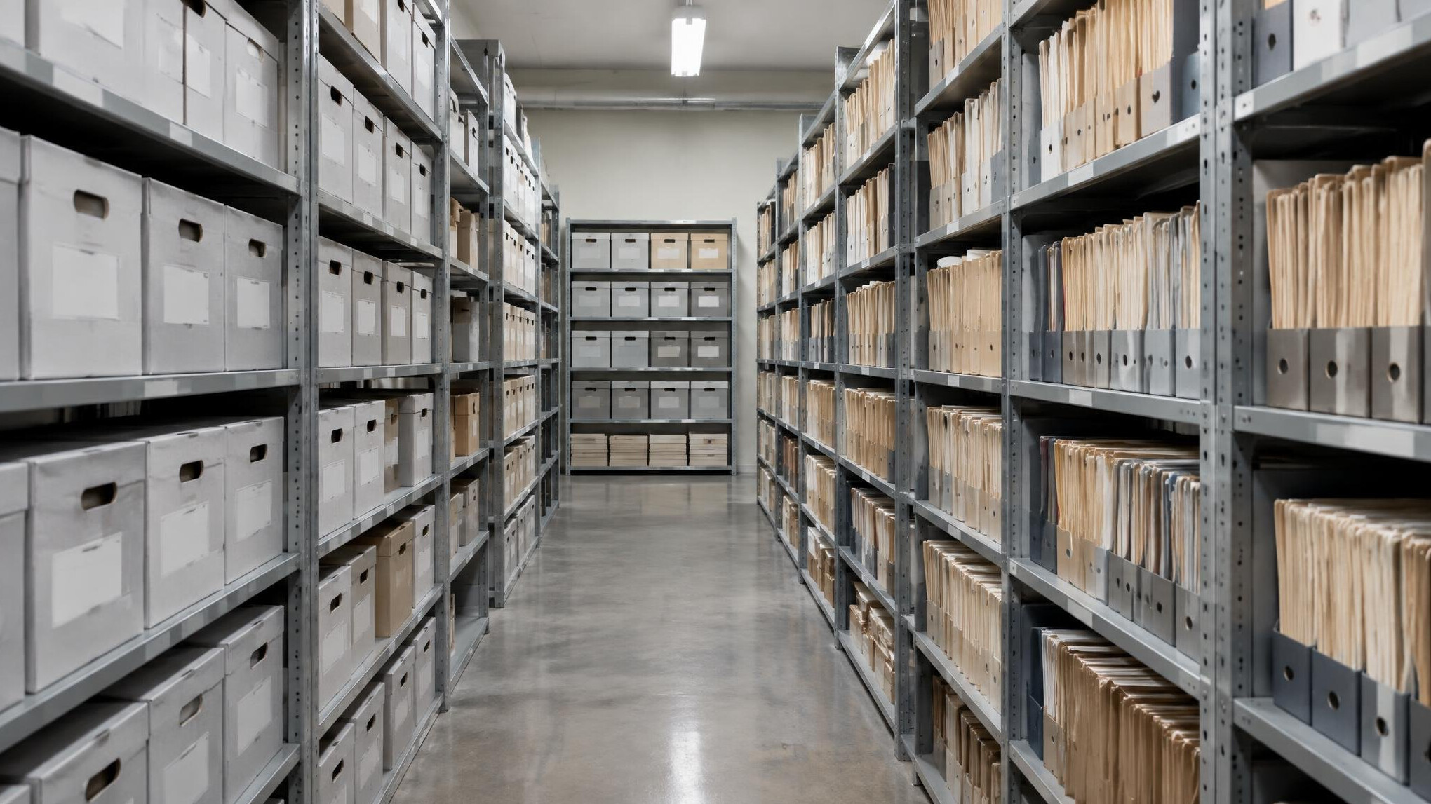 Rows of archived paper files and document boxes in a records room